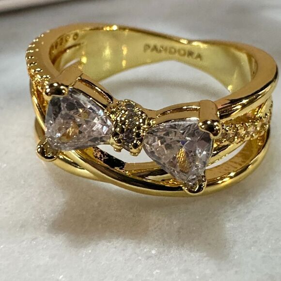 Genuine PANDORA 14k Plated Sparkling Bow Crossover Ring 163511C01 Size 6 - Picture 8 of 9